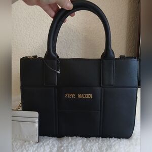 Steve Madden Black Quilted Top-Handle Satchel with Gold Logo